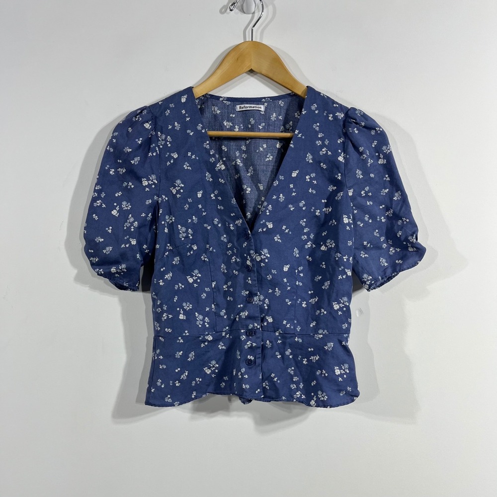 Reformation Cottagecore Feminine Floral Button Front Puff Sleeve Blouse Size 4 - Picture 2 of 10